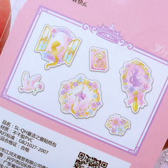 Fairy Tale Princess Sticker Flakes | Iridescent Fairy Kei Planner Stickers | Holographic Transparent PVC Sticker (Mirror Castle Flower Peace Dove Diary Book / 6 Designs / 36 Pieces)