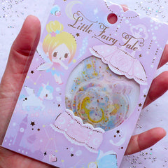 Fairy Kei Princess Sticker Flakes | Kawaii Pastel Kei Scrapbook | Fairytale Planner Deco Stickers | Semi Transparent Little Fairy Tale Stickers (Snow Globe Jewelry Box Unicorn Shooting Star Owl / 6 Designs / 36 Pieces)