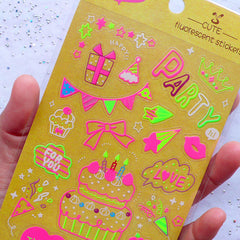 Neon Colored Party Stickers | Kawaii Birthday Party Decoration | Celebration Stickers | Fluorescent Stickers | Transparent PVC Stickers | Cute Paper Craft Supplies (1 Sheet)