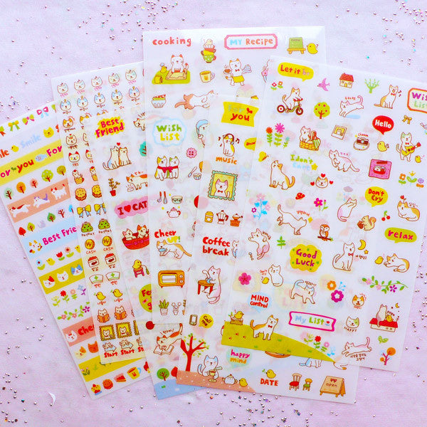 Kitty Cat Stickers | Kawaii Korean Sticker | Cute Animal Planner Sticker |  Diary Deco Sticker | Filofax Decoration | Erin Condren Supplies (6 Sheets)