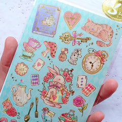 Alice in Wonderland Tea Party Stickers with Gold Foil | Pastel Fairy Tale Stickers | Fairytale Journal Decoration | Diary Deco Sticker | Paper Craft Supplies | Resin Art (1 Sheet)