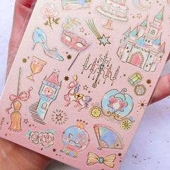 Fairy Kei Cinderella Stickers with Gold Foil | Kawaii Fairytale Stickers | Fairy Tale Decor | Home Decoration | Card Making | Pastel Kei Resin Kraft  (1 Sheet)