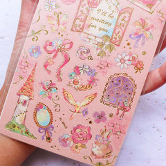 Pastel Kei Princess Stickers with Gold Foil | Floral Stickers | Animal Sticker | Fairy Tale Stickers in Watercolor Style | Journal Supplies | Diary Decoration (1 Sheet)