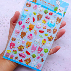 Kawaii Bear & Rabbit Stickers | Animal Friend Sticker with Crystal Resin Coating | Summer Watermelon Stickers | Home Decor | Photo Decoration (1 Sheet)