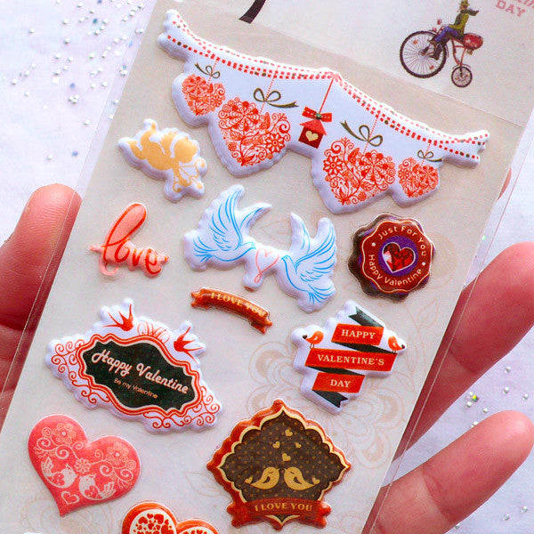 Valentine Stickers, Puffy Heart Stickers, Love Stickers, Happy Vale, MiniatureSweet, Kawaii Resin Crafts, Decoden Cabochons Supplies