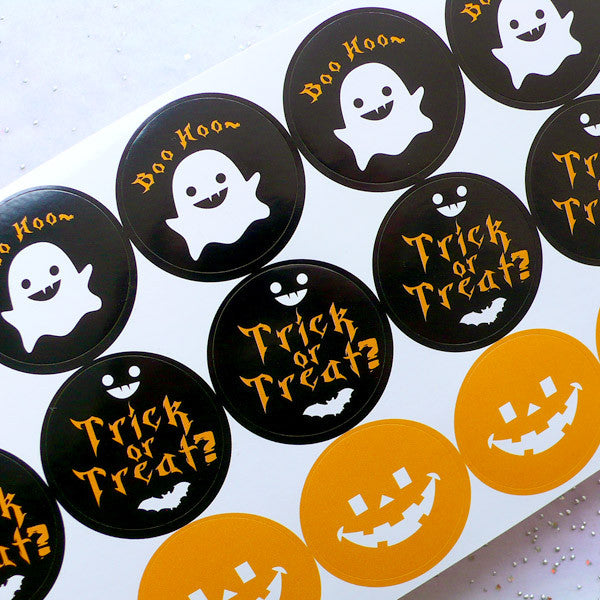 Halloween Stickers | Pumpkin Seal Stickers | Trick or Treat Stickers | Kawaii Ghost Stickers | Favor Decoration | Gift Packaging | Party Supplies (2 Sheets / 36pcs)