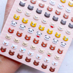 Mini Bear Head Puffy Stickers | Tiny Panda Stickers | Little Animal Stickers | Kawaii Embellishments | Korean Stationery Supplies | Cute Scrapbooking (1 Sheet)
