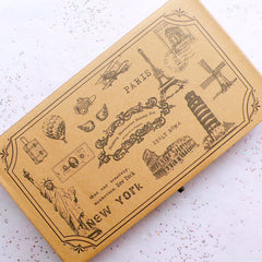 Vintage Stamp Set with Wooden Box | World Travel Stamps in Antique Style | Zakka Stationery Supplies (17 Stamps / Paris Eiffel Tower New York USA Italy Roma Holland Netherlands Camera Hot Balloon)