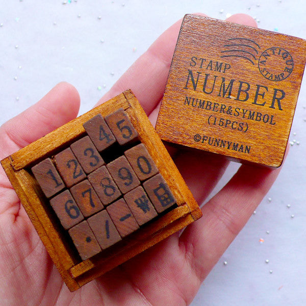 Number Stamp Set with Wooden Box in Antique Style, Symbol Stamps, Za, MiniatureSweet, Kawaii Resin Crafts, Decoden Cabochons Supplies