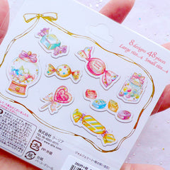 Taffy Candy Stickers with Gold Foil | Kawaii Pastel Sticker | Fairy Kei Planner Stickers | Gumball Machine Sticker | Lollipop Sticker | Candy Jar Stickers | PVC Translucent Stickers (8 Designs / 48 Pieces)