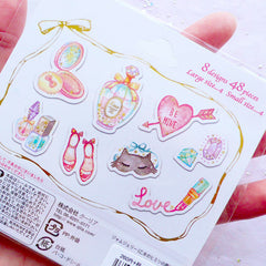 Princess Beauty Stickers with Gold Foil | Pastel Girl Sticker | Kawaii Planner Stickers | Perfume Nail Polish Lipstick Cosmetic Make Up Diamond Animal Mask High Heel Stickers | Sweet 16 Scrapbook | Translucent PVC Stickers (8 Designs / 48 Pieces)