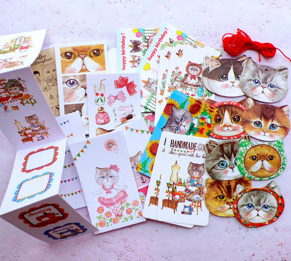 Uncle Cat Vintage Deco Pack Box Set, Animal Label Stickers in Antique, MiniatureSweet, Kawaii Resin Crafts, Decoden Cabochons Supplies