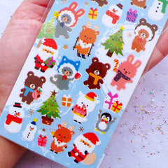 Kawaii Christmas Stickers from Japan | Christmas Animal Party Stickers | Santa Claus Reindeer Christmas Tree Snowman Stickers | PVC Seal Labels | Sticker for Christmas Resin Cabochon DIY