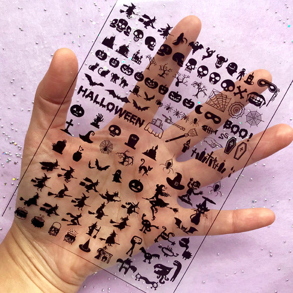 Halloween Silhouette Clear Film Sheet | Skull Witch Pumpkin Tomb Spider Bat Black Cat | Spooky Embellishments for Resin Craft | UV Resin Inclusions