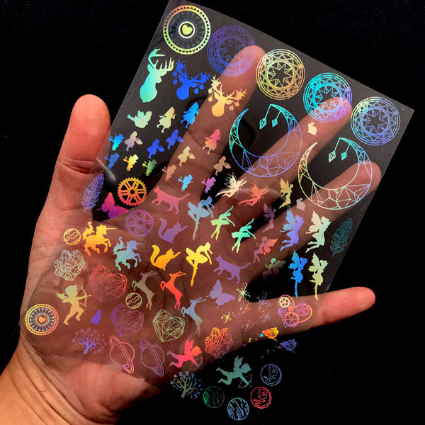 Magical Holographic Clear Film Sheet | Magic Circle Moon Alice in Wonderland Fairy Unicorn Reindeer Cupid Saturn Crystal | UV Resin Inclusion | Kawaii Craft Supplies