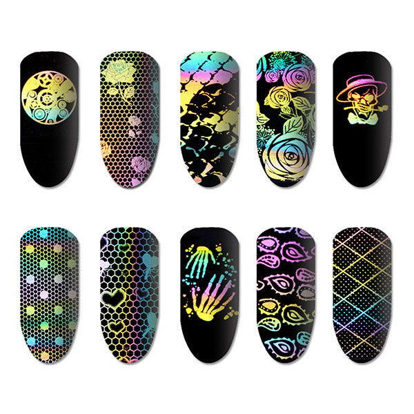 Holographic Transfer Sheet | Holo Clear Film | Nail Decal | Nail Foil | Resin Craft Supplies | Mermaid Scales Skull Rose Polka Dot (10 Sheets)
