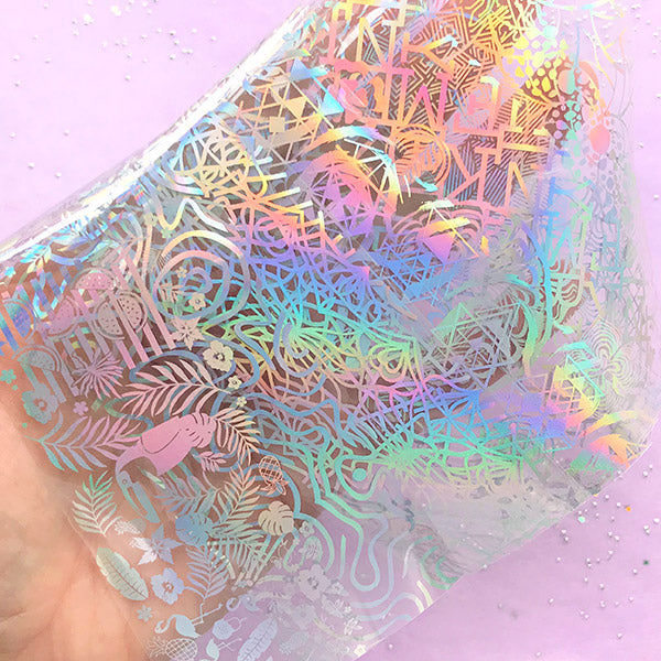 Holographic Nail Decal | Holo Nail Transfer Foil | Thin Clear Film Sheet | Geometric Letter Tropical Scroll Pattern (10 Sheets)