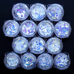 Holographic Confetti | Assorted Iridescent Sprinkles | Glittery Nail Art Flakes | Resin Craft Supplies | Bling Bling Nail Designs (White / 14pcs)