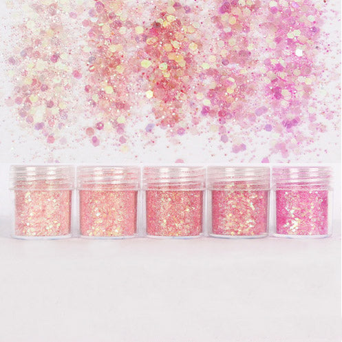 Assorted Iridescent Pink Glitter in Hexagon Shape (5 pcs), Aurora Bor, MiniatureSweet, Kawaii Resin Crafts, Decoden Cabochons Supplies