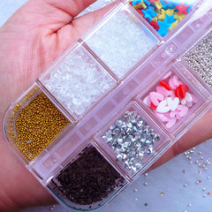 Fake Topping Assortment | Assorted Faux Toppings including Rainbow Confetti Sprinkles, Polymer Clay Fruit Slices, Micro Beads, Chocolate Flakes, Ice, Sugar, Rhinestones & Pearls