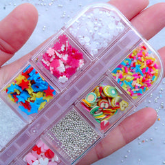 Fake Topping Assortment | Assorted Faux Toppings including Rainbow Confetti Sprinkles, Polymer Clay Fruit Slices, Micro Beads, Chocolate Flakes, Ice, Sugar, Rhinestones & Pearls