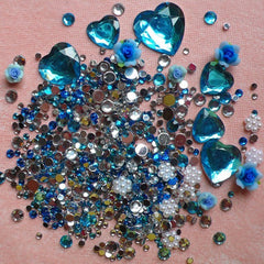 DEFECT Rhinestones Mix Blue Flower Rosebuds Cabochon with Heart & Round Shaped Rhinestones (25gram) Deco Sweets Cell Phone Decoration RHM016