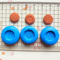 Set of 3 Flexible Round Cookie / Biscuit (13mm and 14mm) Silicone Flexible Push Mold - Miniature Sweets, Jewelry, Clay Charms MD172-174