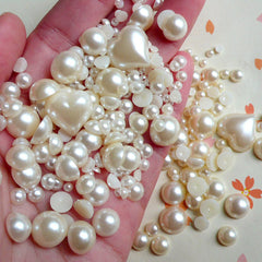 Cream White Round and Heart Pearl Cabochons Mix (around 250-450 pcs / 20gram) (3mm to 13mm) PEMC9