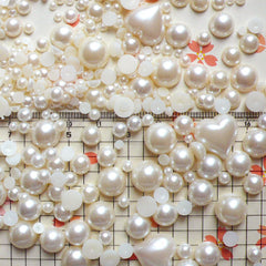 Cream White Round and Heart Pearl Cabochons Mix (around 250-450 pcs / 20gram) (3mm to 13mm) PEMC9