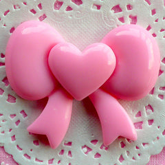 Pink Ribbon Cabochon with Heart Large Bow Cabochon (59mm x 49mm / Flat Back) Kawaii Cabochon Decoden Piece Lolita Accessories Making CAB035