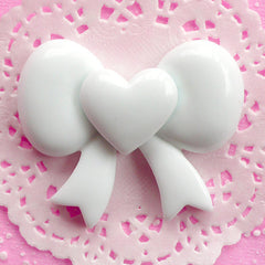 Heart Ribbon Cabochon Big Decoden Cabochon Resin Applique (59mm x 49mm / White / Flatback) Kawaii Cell phone Deco Bow Embellishment CAB034