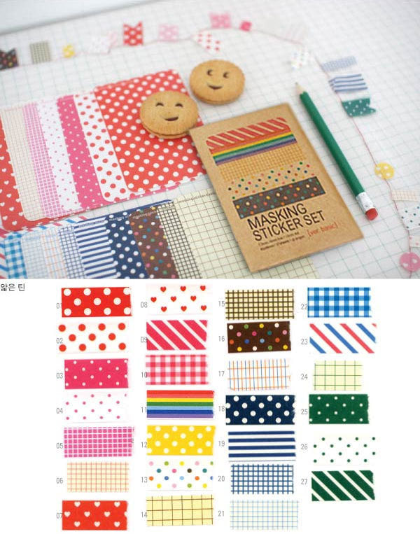 CLEARANCE Masking Sticker Set (27 Sheets) Basic Style (Stripes, Polka Dot, Checker, etc) - Scrapbooking Packaging Gift Wrap Diary Deco Home Decor S014