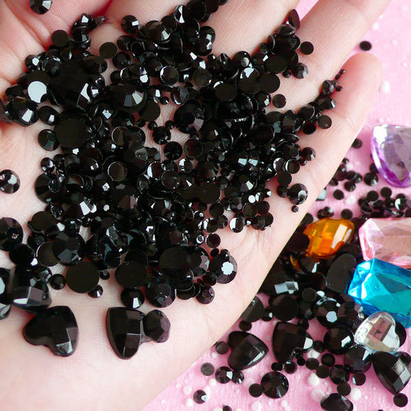 BLACK Rhinestones Mix (2mm 3mm 4mm 5mm 6mm) Round and Heart Faceted  Rhinestones Cabochons Mix (Over 1000 pcs) RHM010