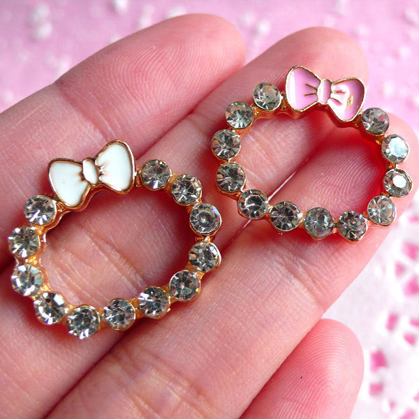 Rhinestone Wreath with Bow Cabochon for iPhone 4 Case (2pcs / Pink & White) Bling Bling Camera Hole Decoration Kawaii Cell Phone Deco CAB096