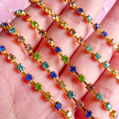 Rhinestones Chain 3mm SS12 (Gold Plated w/ Colorful Rhinestones) (20cm Long) Wedding Jewelry Making Bling Bling Deco Decoration RC09