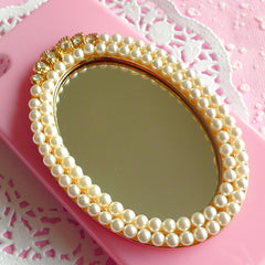 Big Mirror Cabochon with Pearl & Rhinestones in Luxury Style / Miniature Mirror (Oval / 56mm x 81mm) Doll House Mirror Cute Decoden CAB098