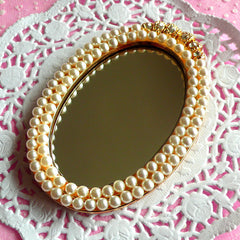 Big Mirror Cabochon with Pearl & Rhinestones in Luxury Style / Miniature Mirror (Oval / 56mm x 81mm) Doll House Mirror Cute Decoden CAB098