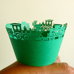 CLEARANCE Cupcake Wrappers - Green Train - Laser Cut Green Cupcake Wrapper - Cake Deco / Cupcake Decoration / Packaging (6pcs) CUP07