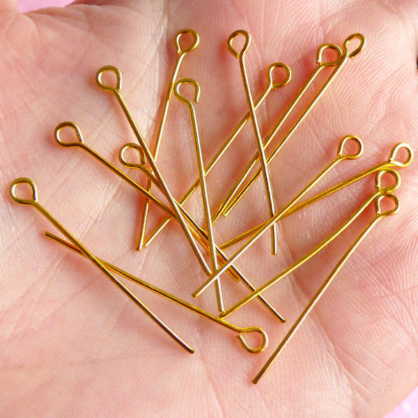 Eye Pins (30mm / 1.18 inches / 100 pcs / Gold Plated) Head Pin DIY Bea, MiniatureSweet, Kawaii Resin Crafts, Decoden Cabochons Supplies