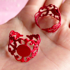 Ring Blank Findings with 8mm Pad (2 pcs / Red) Adjustable Filigree Ring Base Jewelry Making Jewellery Findings Ring Making Supplies F027