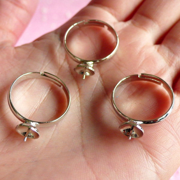Silver Ring Base Findings / Adjustable Ring Blank with Pin (5 pcs / Si, MiniatureSweet, Kawaii Resin Crafts, Decoden Cabochons Supplies