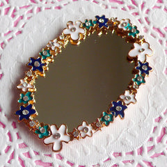 CLEARANCE Mirror Cabochon w/ Flower & Rhinestones / Dollhouse Mirror (Oval / 44mm x 63mm) Kawaii Cellphone Deco Big Cab Phone Case Decoden CAB001