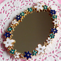 CLEARANCE Floral Mirror Cabochon w/ Clear Rhinestones / Miniature Wall Mirror (Oval / 57mm x 80mm) Big Metal Cabochon Kawaii Decoden Piece CAB003