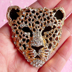 Leopard Metal Cabochon Rhinestones Animal Tiger Cheetah Jaguar Cabochon (Gold / 46mm x 48mm) Bling Decoden Piece Punk Rock Metallic CAB005