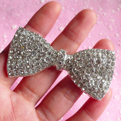 Rhinestone Bowtie Cabochon / Large Bow Tie Metal Cabochon (32mm x 64mm / Silver) Kawaii Decoden Bow Sparkle Bling Bling Embellishment CAB009