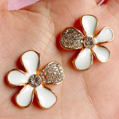 Metal Flower Cabochons w/ Rhinestones (2pcs / 26mm / Gold & White Enamel) Phone Case Deco Floral Hair Bow Center Applique Bling Decor CAB013