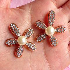 Flower Rhinestone Cabochon with Pearl / Floral Metal Applique (2pcs / 27mm x 32mm / Gold) Bling Bling Embellishment Wedding Jewelry CAB017