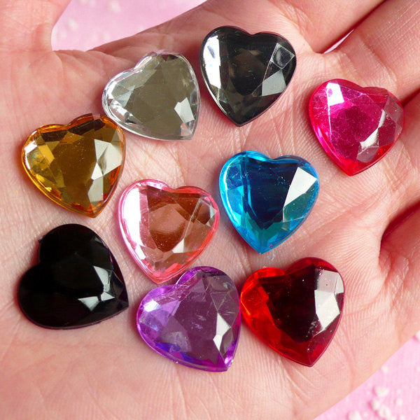 CLEARANCE Assorted 16mm Heart Rhinestones Faceted Flat Back Cabochons, MiniatureSweet, Kawaii Resin Crafts, Decoden Cabochons Supplies