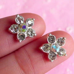 Tiny Flower Cabochon Set (2pcs) (Clear and AB Clear Rhinestones) Fake Miniature Cupcake Topper Earring Making Nail Art Decoration NAC007