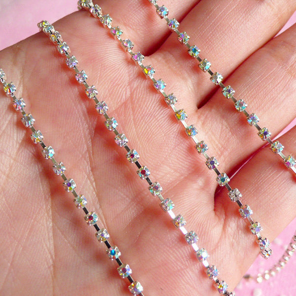 Rhinestones Chain 2mm SS6 (Silver Plated w/ AB Clear Rhinestones) (20cm Long) Wedding Jewelry Making Bling Bling Deco Decoration RC01